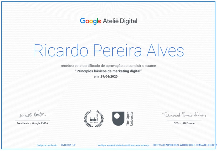 Ricardo Alves, Certificação Google Ateliê Digital: Fundamentos do Marketing Digital
