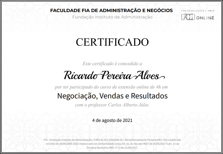 Ricardo Alves, Certificação FIA: Negociação, Vendas e Resultados