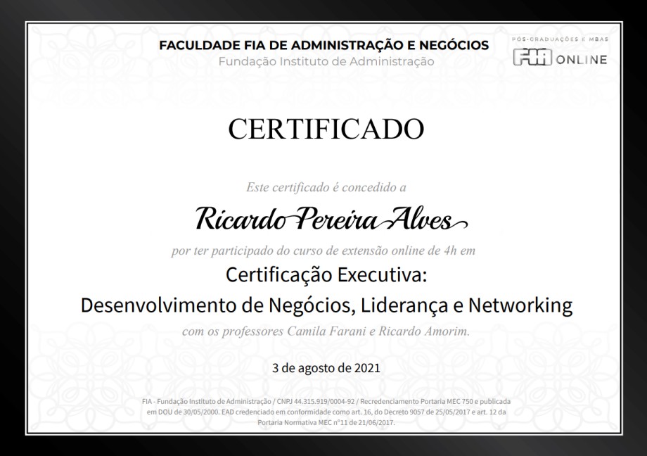 Ricardo Alves, Certificação FIA: Desenvolvimento de Negócios, Liderança e Network