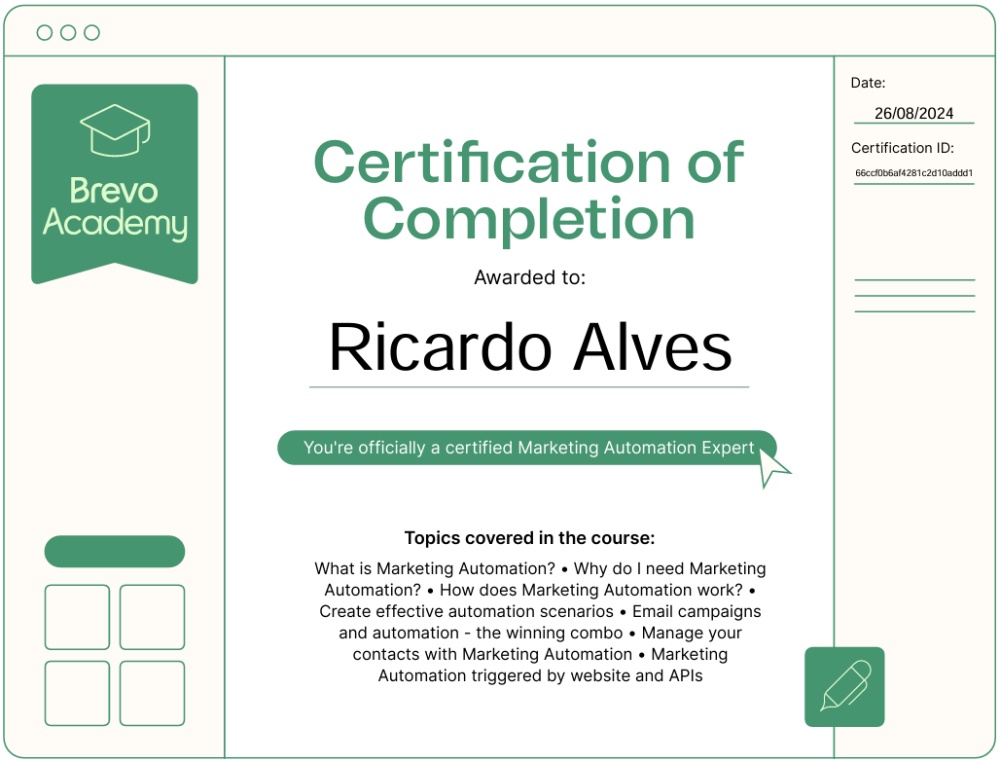 Ricardo Alves, Certificação Brevo Automação em Marketing Digital