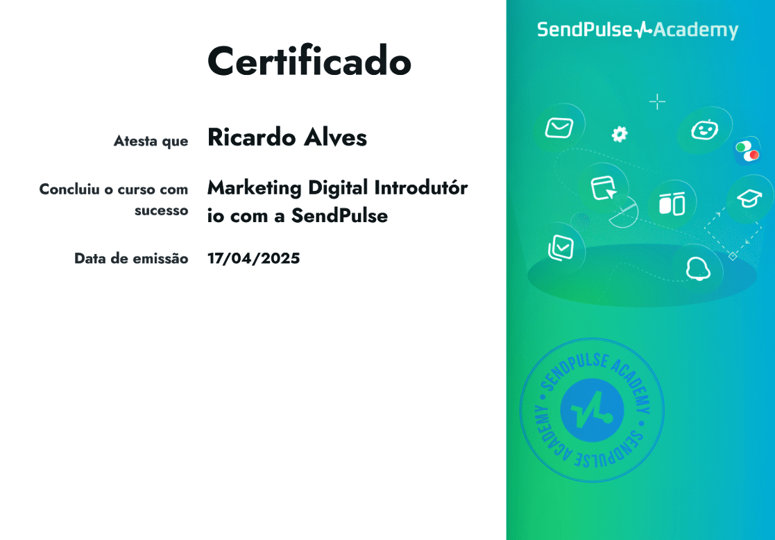 Ricardo Alves, Certificação SendPulse - Email Marketing